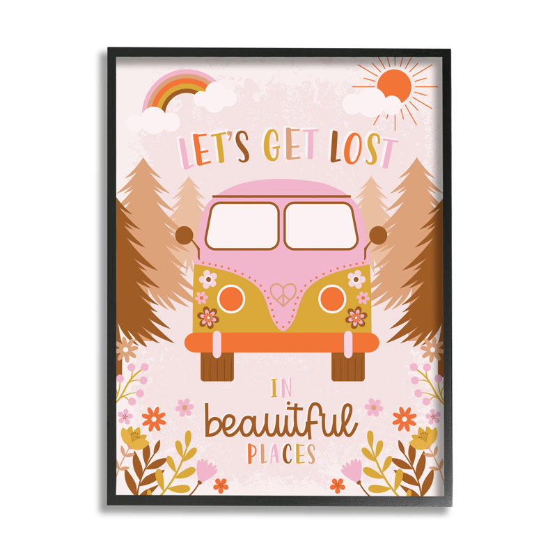 «Let Get Lost Expression Adventure Peace Flowers Van», art textuel, Giclée encadrée noir minuit, H 14 po x l 11 po x P 1,5 po