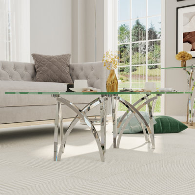 Table basse de salon en verre trempé transparent de 50 pouces avec base en métal argenté en miroir