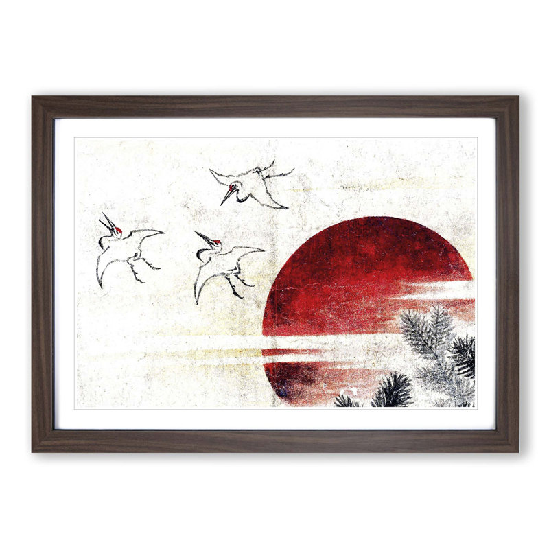 Cranes at Sunset by Katsushika Hokusai - Picture Frame Painting Print, 27cm H x 36cm W x 2cm D, Walnut Framed