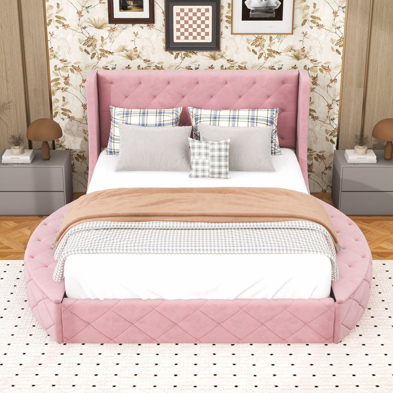 Grand lit plateforme tapissier en velours avec tête de lit à oreilles et rangement spacieux, Rose