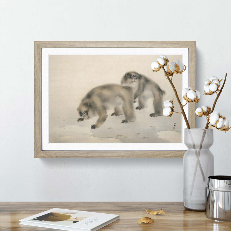 Two Monkeys by Kansetsu Hashimoto - Picture Frame Painting Print, 36cm H x 48cm W x 2cm D, Oak Framed