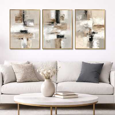 «Brown and Black Brushstroke», peinture abstraite I - cubisme abstrait, ensemble de 3 reproductions d'art sur toile