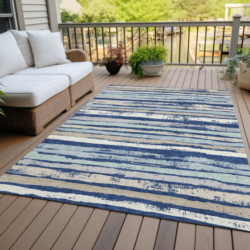 Navy and Beige Striped Synthetic 8' x 10' Washable Rug