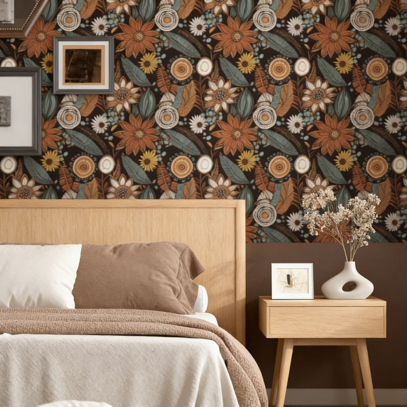 Papier peint adhésif floral Boho - Papier auto-adhésif épais en vinyle avec motif botanique rétro, L 117,96 po x l 17,5 po