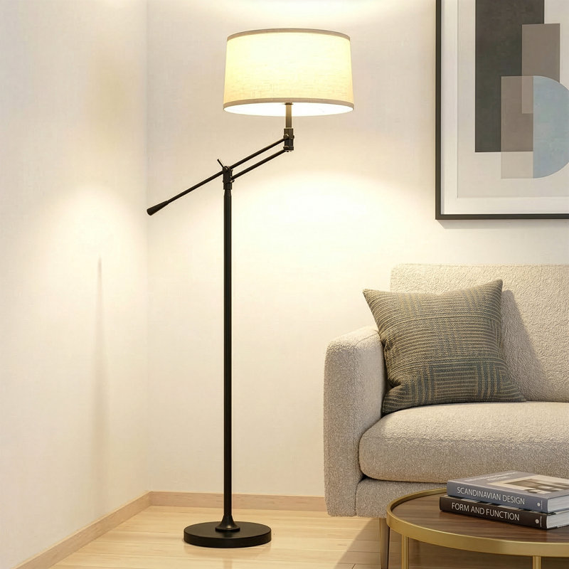 Lampe sur pied à DEL à hauteur réglable de style Mid-Century avec abat-jour tambour Ava