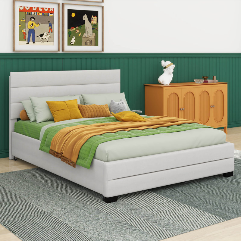 Grand lit plateforme tapissier avec tiroir Apogeeville, Beige