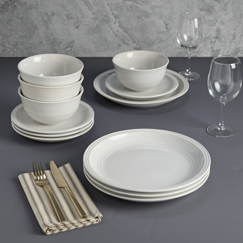 Tabletops Gallery Farmhouse 12 Piece White Stoneware Round Dinnerware Set- Service for 4