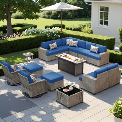 12 - Person Patio Furniture Set with Swivel Rockers, Outdoor Wicker Rattan Sectional Seating Group with Cushions, All Weather Sofa Conversation Set with Fire Pit Table for Garden Backyard