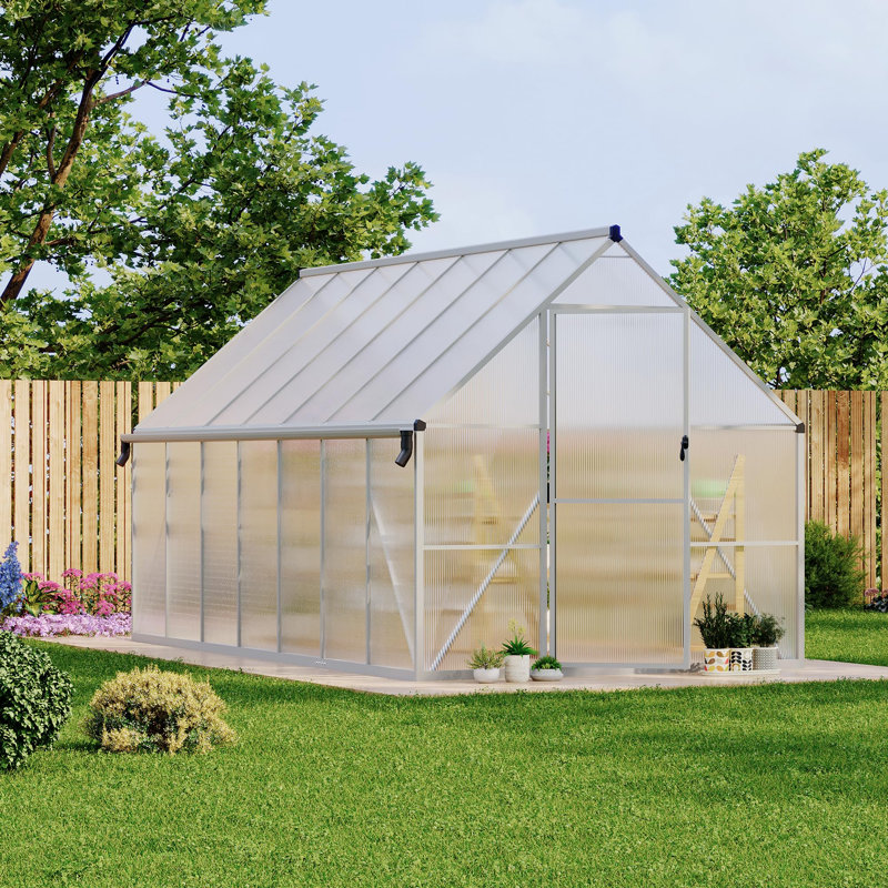 Heavy Duty Large Walk-In Outdoor Polycarbonate Greenhouse with Aluminum Frame, Double Swing Doors, Quick Setup, Roof Vent & Rain Gutter for Garden Use, 8x14 FT (Silver)