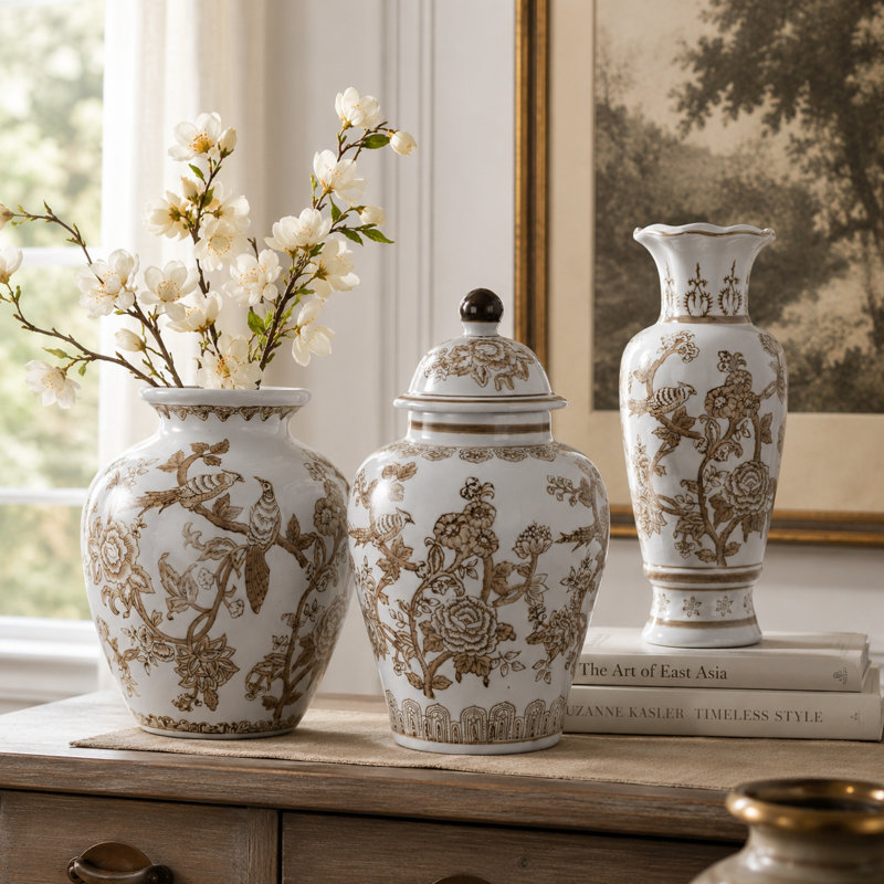 Hand-Painted Decorative Chinoiserie Vase Collection for Home Decor - Ceramic Ginger Jar, Floral Vase & Tall Table Vase - Modern Classic Centerpiece Set for Living Room, Dining Room - Set of 3, White & Brown