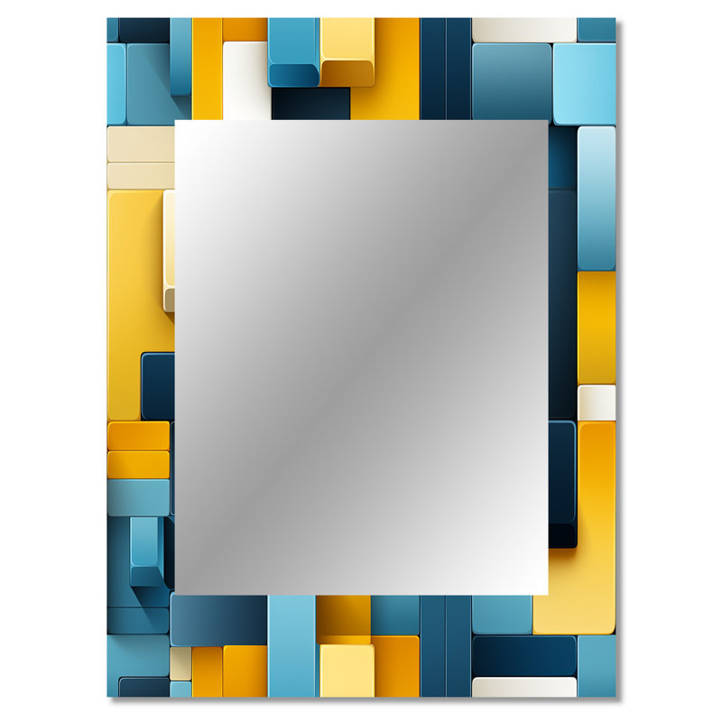 Harmonie de blocs géométriques jaunes et bleus - miroir mural décoratif géométrique, grand miroir géométrique, impression d'art en métal