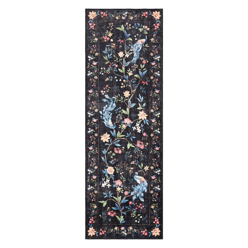 Washable Floral Rug Area Rug for Living Room Non Slip Floral Peacock Washable Rugs for Bedroom Stain Resistant Carpet for Dining Room Playroom