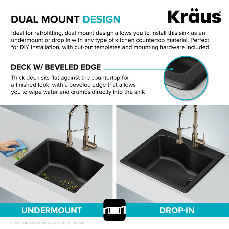 Évier de cuisine en granit à une cuve à fixation double de L 25 po KRAUS Quarza™, Noir