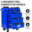 4, coffre à outils multifonctionnel, boîte en métal, glissières à roulement, serrure à clé, armoire à 4 coffres en acier 20 po, finition noire et bleue, tiroir 4 roues universelles 2 verrouillables, poignée à tirer pour plus de commodité-426683697