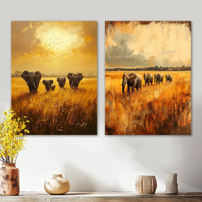 Elephants Crossing the Savannah I – Elephant Metal Wall Art Print Set of 2