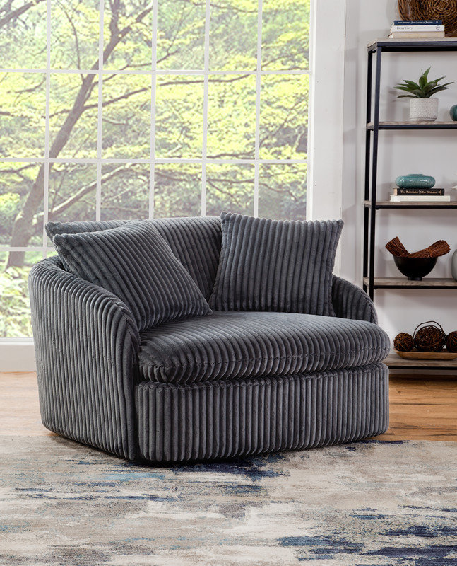 46" Wide Oversized Swivel Lounge Chair, Ribbed Faux Fur Cord, Gunmetal Gray Ribbed Faux Fur Cord