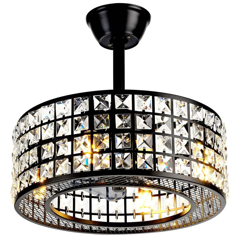 Ventilateur de plafond en cristal à 5 pales 18 "avec lumière | Télécommande, ventilateur de lustre noir à intensité variable pour la chambre à coucher, la salle à manger et le salon (base E14)