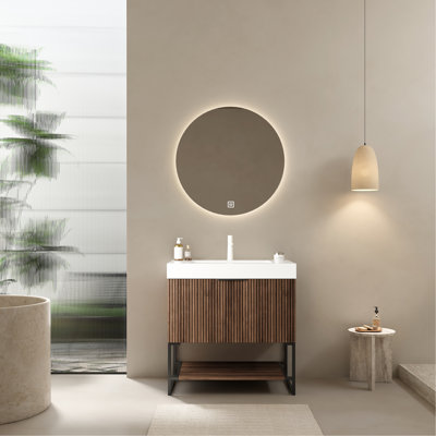 Bathroom Vanity With Sink 30", Rectangular Solid Surface Basin, Plywood Cabinet, Retro Walnut Decoration Feature, Drawer & Shelf, Easy Install Method