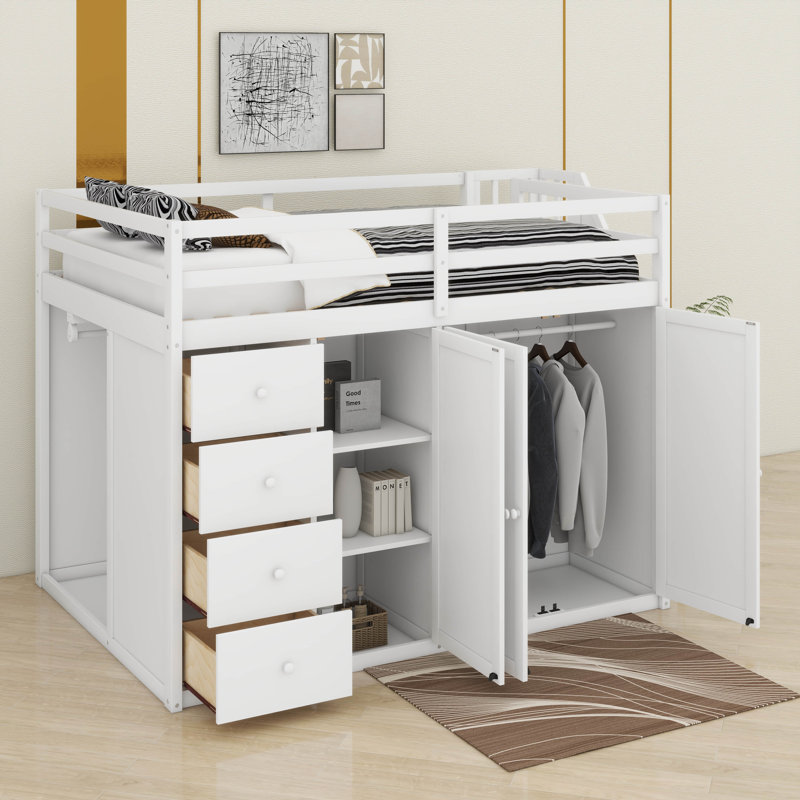 Structure de lit double pleine grandeur avec garde-robe intégrée, bureau, tablettes de rangement et tiroirs, Blanc