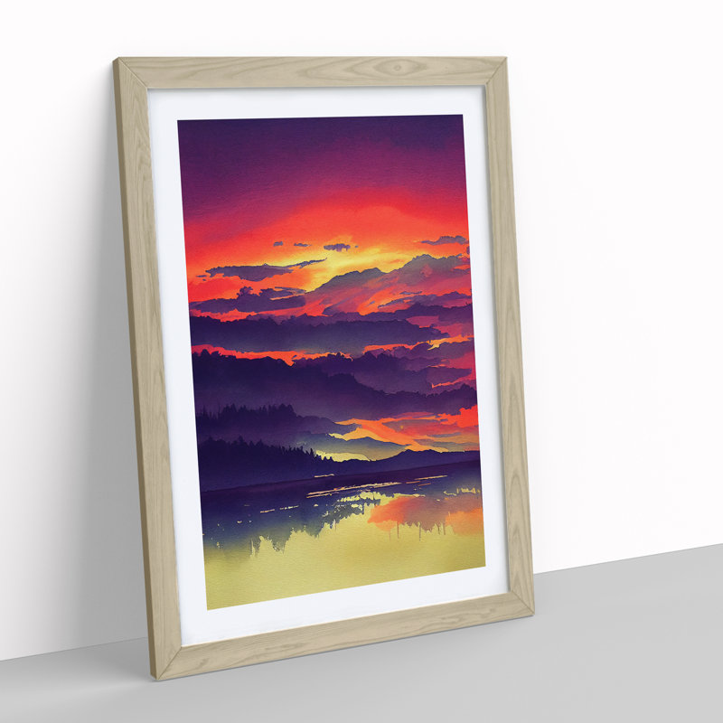Watercolour Sunset Lake No.3 - Single Picture Frame Painting, Oak, 64cm H x 46cm W x 2cm D