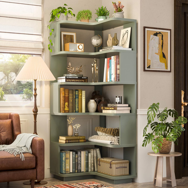 6 Tier Corner Bookshelf Etagere Bookcase with Baffle, Crab Green