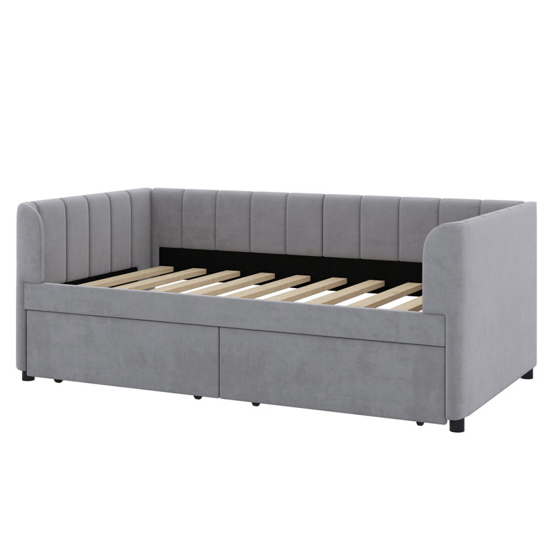 Upholstered Daybed With Ergonomic Design Backrest And Drawers, Gray