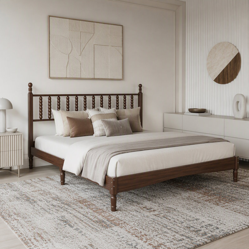 Lit plateforme en bois avec tête de lit en forme de gourde, Très grand lit, Noyer