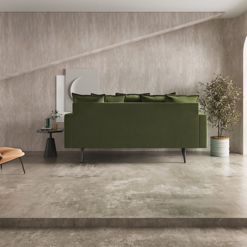70" Velvet Square Arm Sofa, Olive Green Velvet, Black