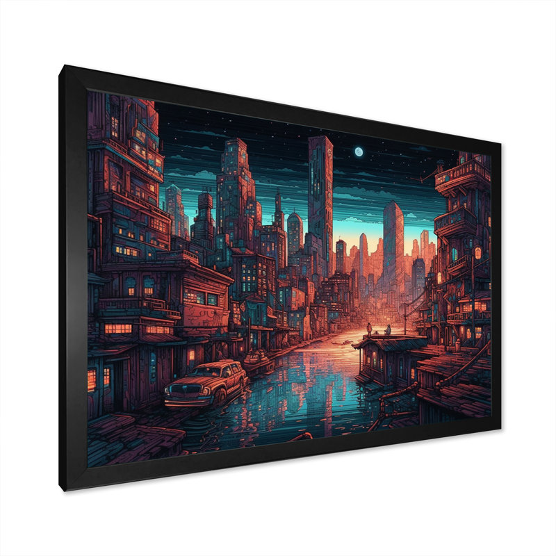 «Orange and Blue Metropolis Deco», reproduction sur toile encadrée, Cadre photo noir, H 12 po x l 20 po x P 1 po