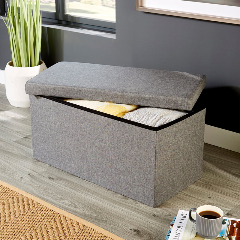 Peachey 76cm Wide Velvet Rectangle Solid Colour Standard Ottoman with Storage, Linen Charcoal