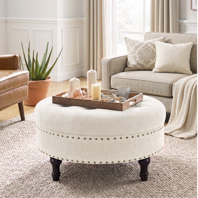 Upholstered Tufted Round Storage Ottoman with Nailhead Trim
