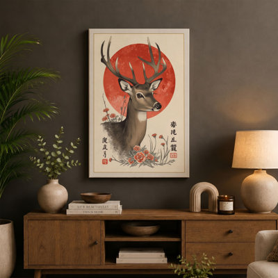 Deer Under Rising Sun Japandi - Wrapped Canvas