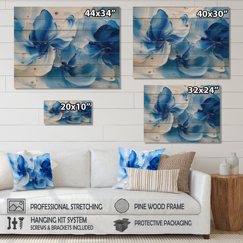 Motif de pétales de fleurs délicates bleu océan - Fleurs, décoration murale en bois - sur bois de pin naturel