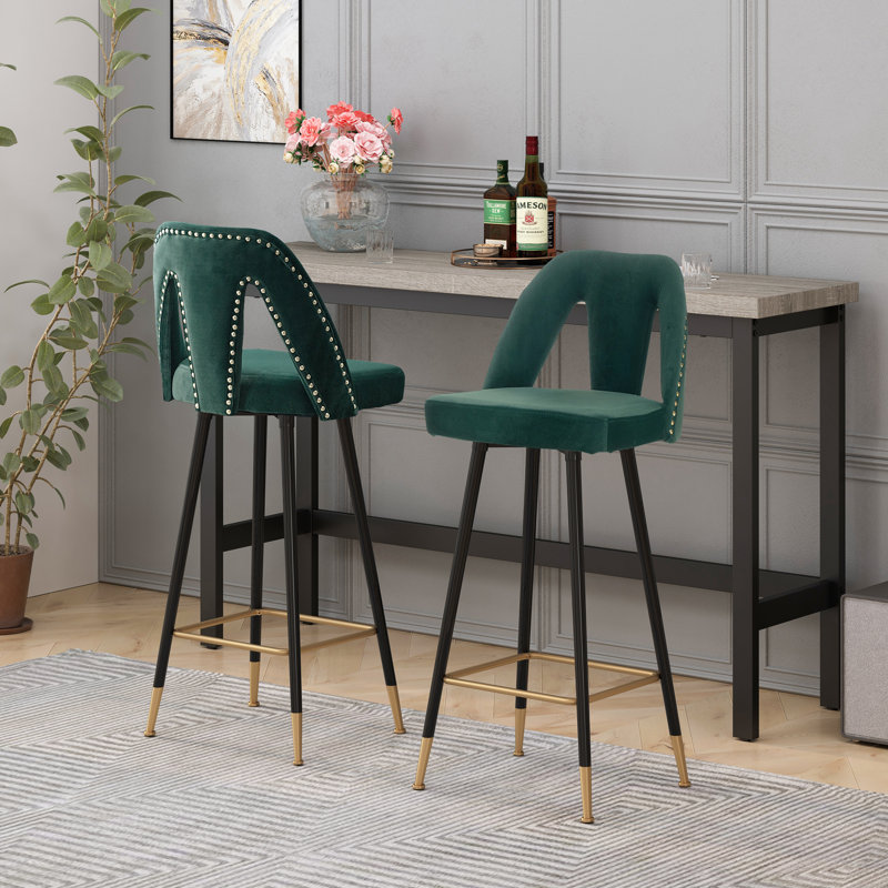 Ensemble de 2 tabourets et tabourets de bar contemporains en velours de 28 po Connor, Vert
