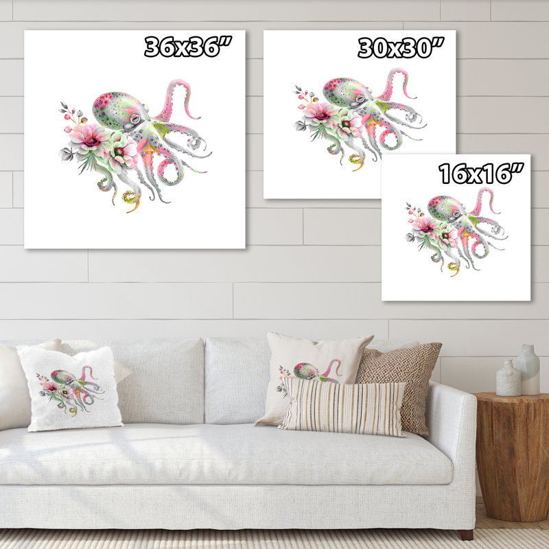 Pieuvre avec un bouquet de fleurs délicates - impression sur toile nautique et côtière, H 30 po x l 30 po x P 1 po