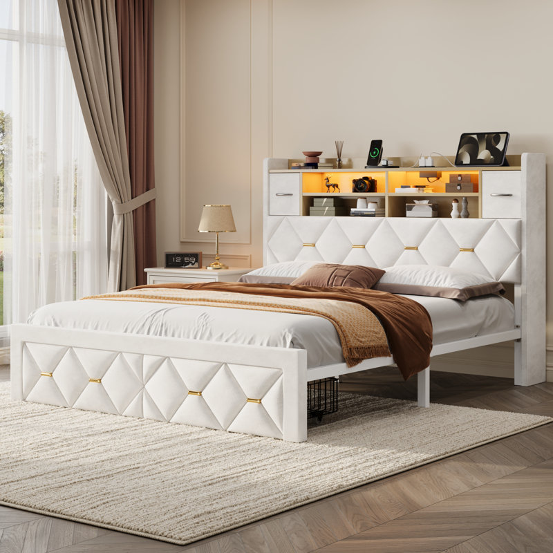 Lit plateforme en velours avec 2 tiroirs sous le lit et rangement pour la tête de lit, Grand