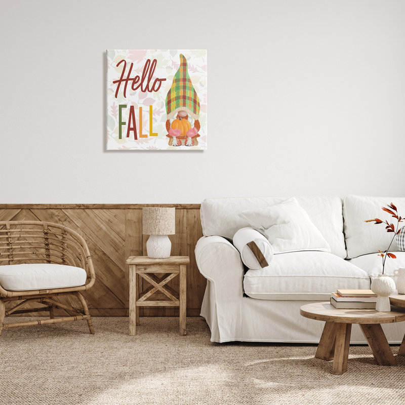 «Hello Fall Cozy Tartan Gnome» tenant une citrouille noire, estampe numérique, art texturé par Andi Metz, Toile tendue