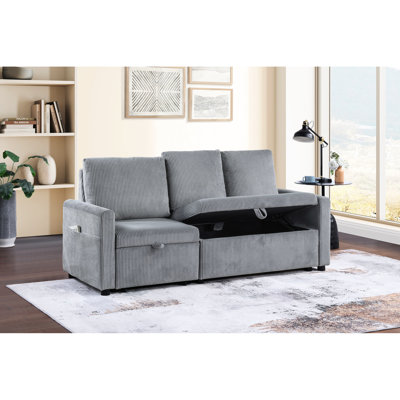 3 avec méridienne escamotable et rangement sous la chaise, velours côtelé gris, pochette en velours côtelé extra longue, option longue de 70 po