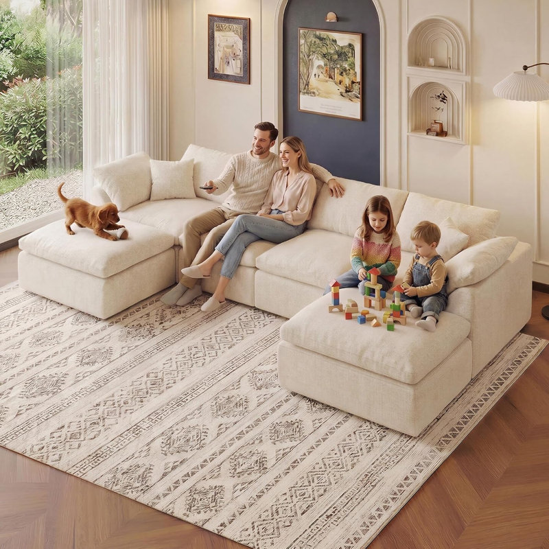 Canapé modulaire désossé de 139 po, canapé Cloud en U sans assemblage | Tissu chenille de qualité supérieure, mousse à mémoire de forme à haute densité, support de 1200 lb, conception modulaire mobile, lit de jour de salon, beige