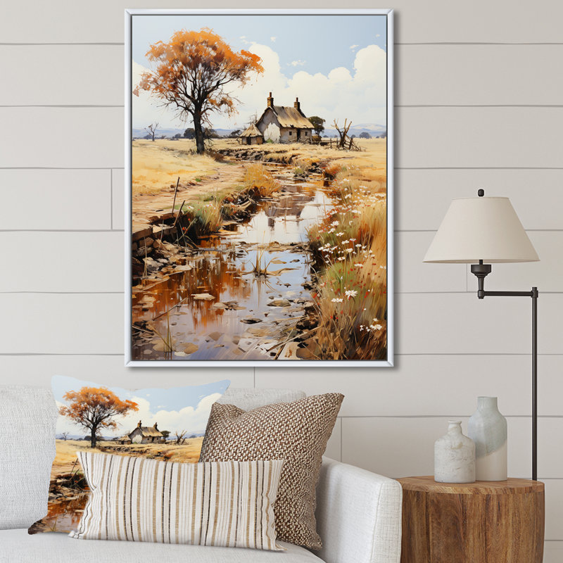 Impression sur toile, "Neo Impressionist Country Nostalgia I", Cadre flottant blanc, 32" H x 24" W