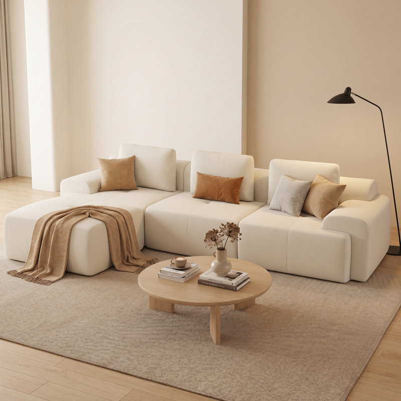 122" Wide Sectional Compression Sofa With Modular Seating Plush Cushions & Ottoman, Cream Polyester