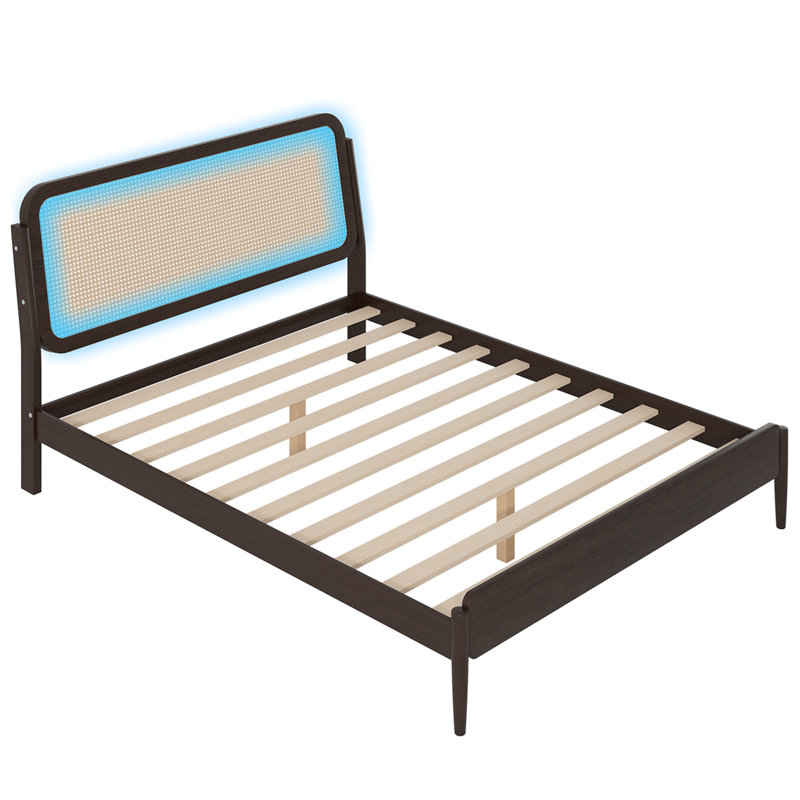 Queen Bed Frame With Rattan Headboard, Bed Frame With LED Lights, Boho Platform Bed Frame With Wooden Support Legs, Espresso
