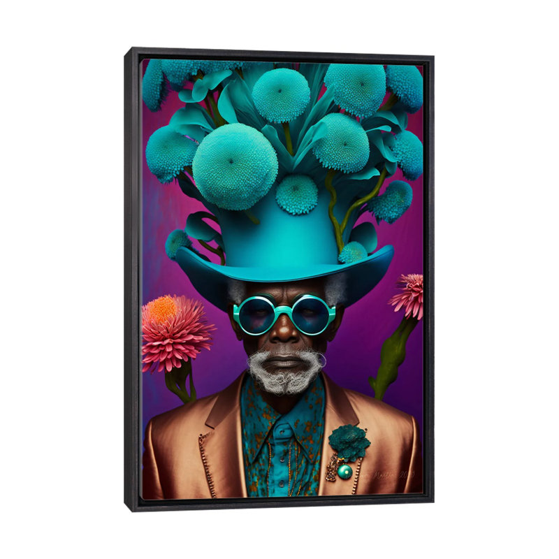 Papy africain rétro futuriste - Champignons VII_1PC6, Cadre flottant noir patiné, H 60 po x l 40 po