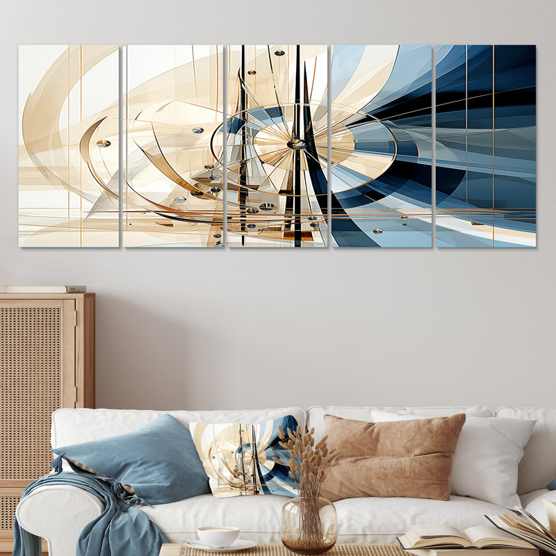 «White and Blue Contemporary Harbor Forms - Abstract Shapes», art mural 5 pièces, H 28 po x l 60 po