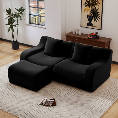 L-Shaped Soft Teddy Fabric Couch With Ottoman