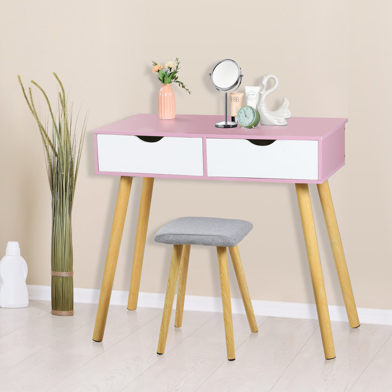 Ensemble coiffeuse en bois massif avec tabouret, Rose