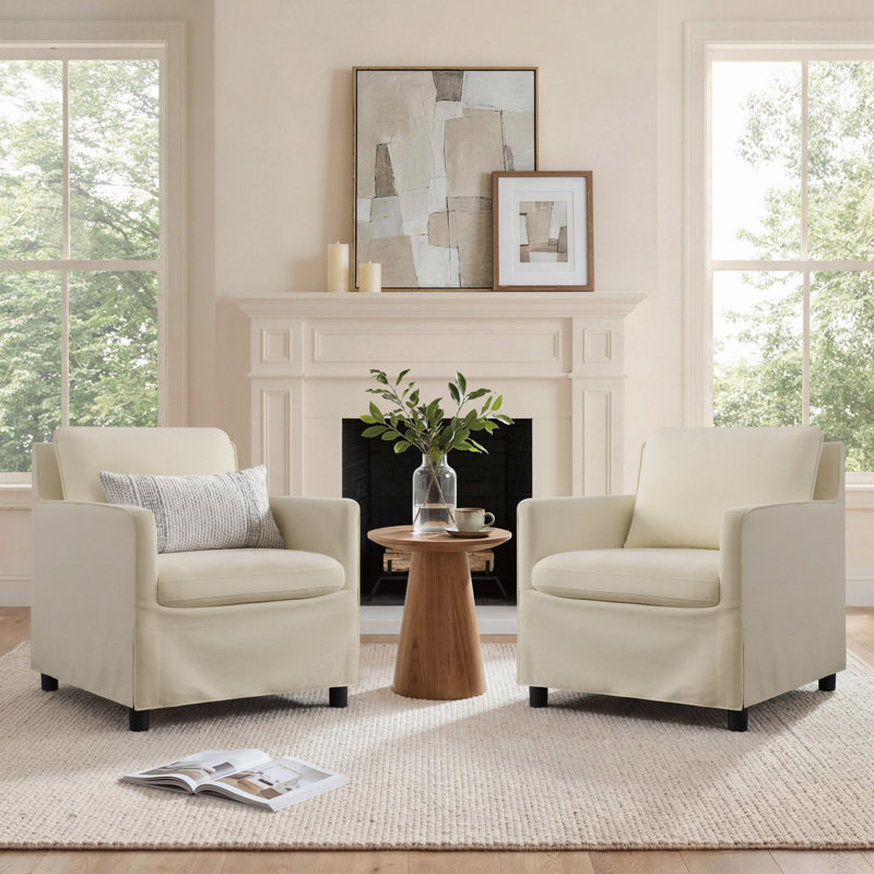 Fixed Armchair Set With Matching Ottoman – Sculptural Design & Washable Covers, Cream