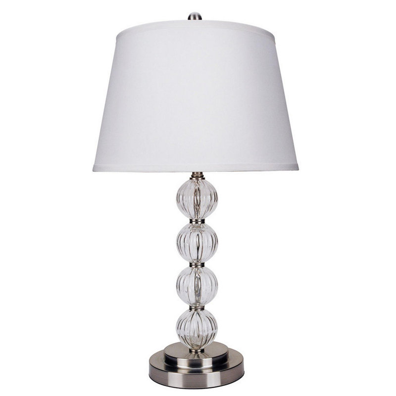 Lampe de table de 28,5 po de hauteur en métal avec finition nickel satiné et design orbe, abat-jour en lin