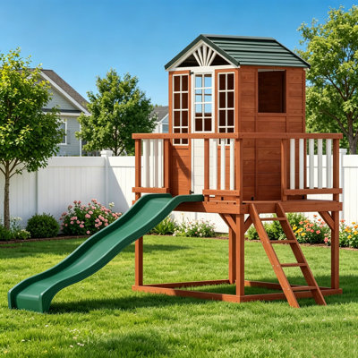 Maisonnette en bois pour enfants avec toboggan et échelle, château de jeu surélevé avec balcon