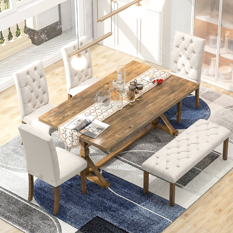 6 chaises avec table rectangulaire en noyer de 72 po, 4 chaises rembourrées rembourrées et un banc, chaises en bois, banc,